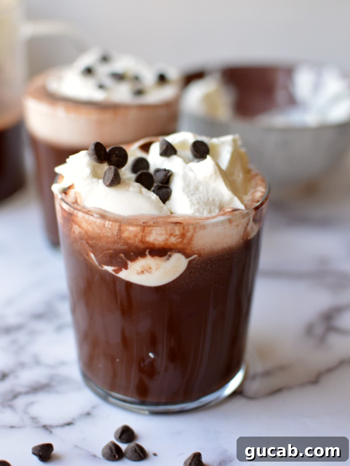 Velvety Oat Milk Hot Chocolate 8 Two mugs of creamy oat milk hot chocolate, one with whipped cream and chocolate shavings, the other with sprinkles