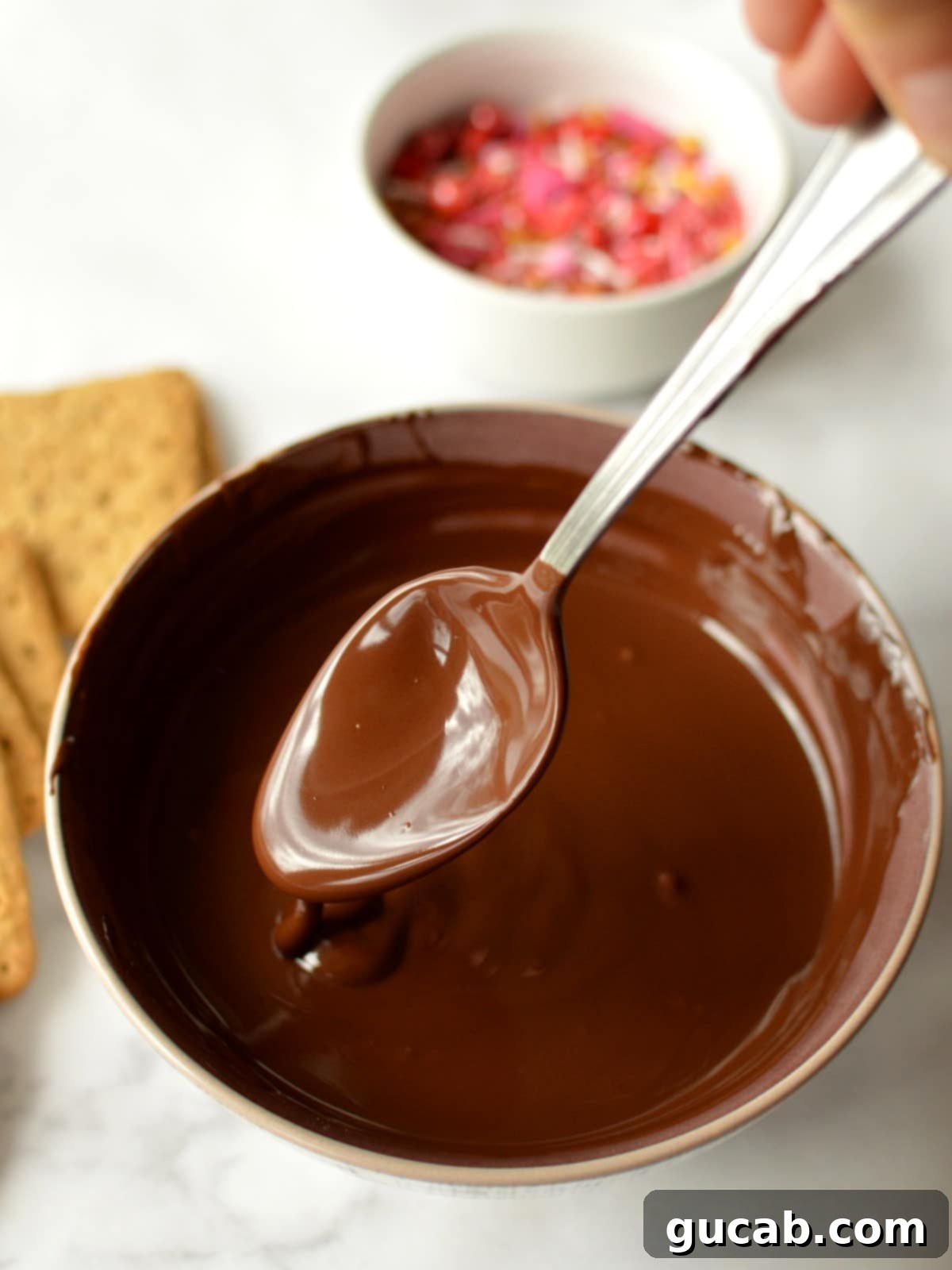 A bowl of perfectly tempered dark chocolate, ready for dipping graham crackers, showcasing its smooth, glossy texture.