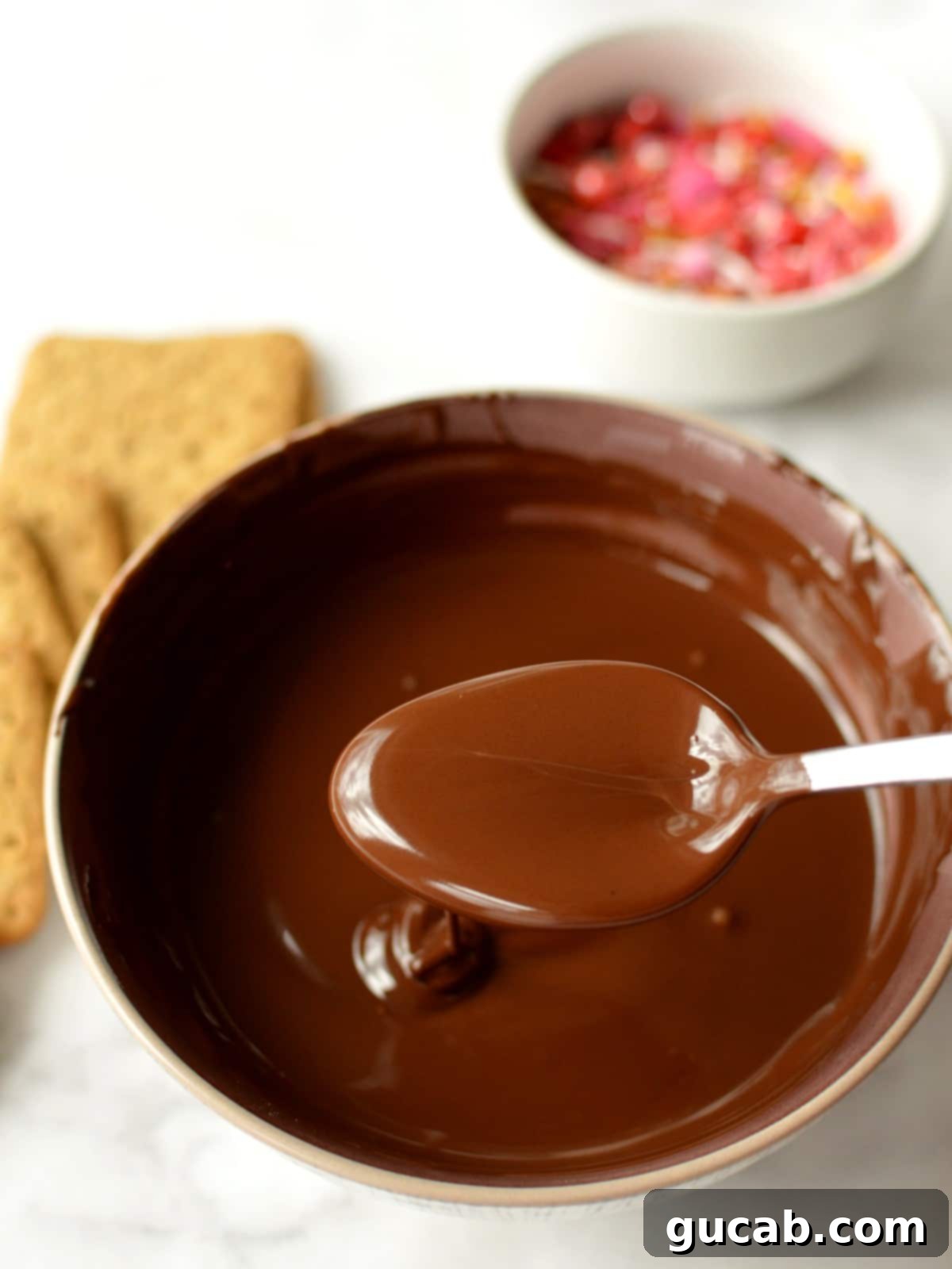 A bowl of rich, melted dark chocolate, smooth and ready for dipping delicious graham crackers.