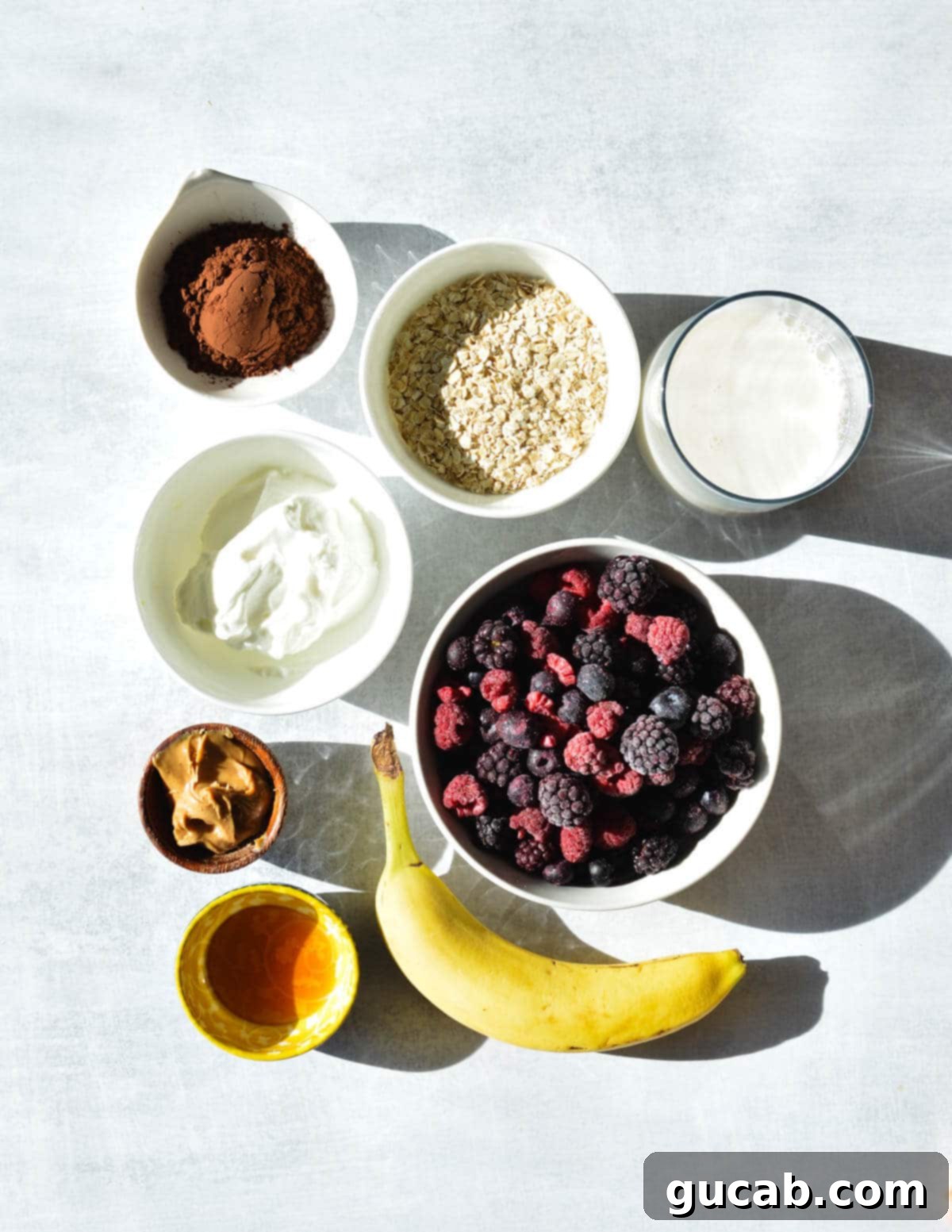 Chocolate Berry Bliss 3 dark cocoa powder, oats, almond milk, Greek yogurt, mixed berries, peanut butter, honey, and banana.