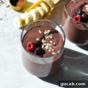 Chocolate Berry Bliss 9 chocolate berry smoothie with oats and berries on top.