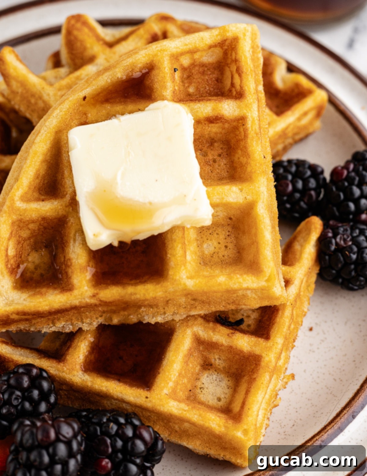 Your New Favorite Gluten-Free Waffle Recipe 2 A stack of golden brown gluten-free waffles on a white plate, generously topped with melting butter and rich maple syrup, ready to be enjoyed.