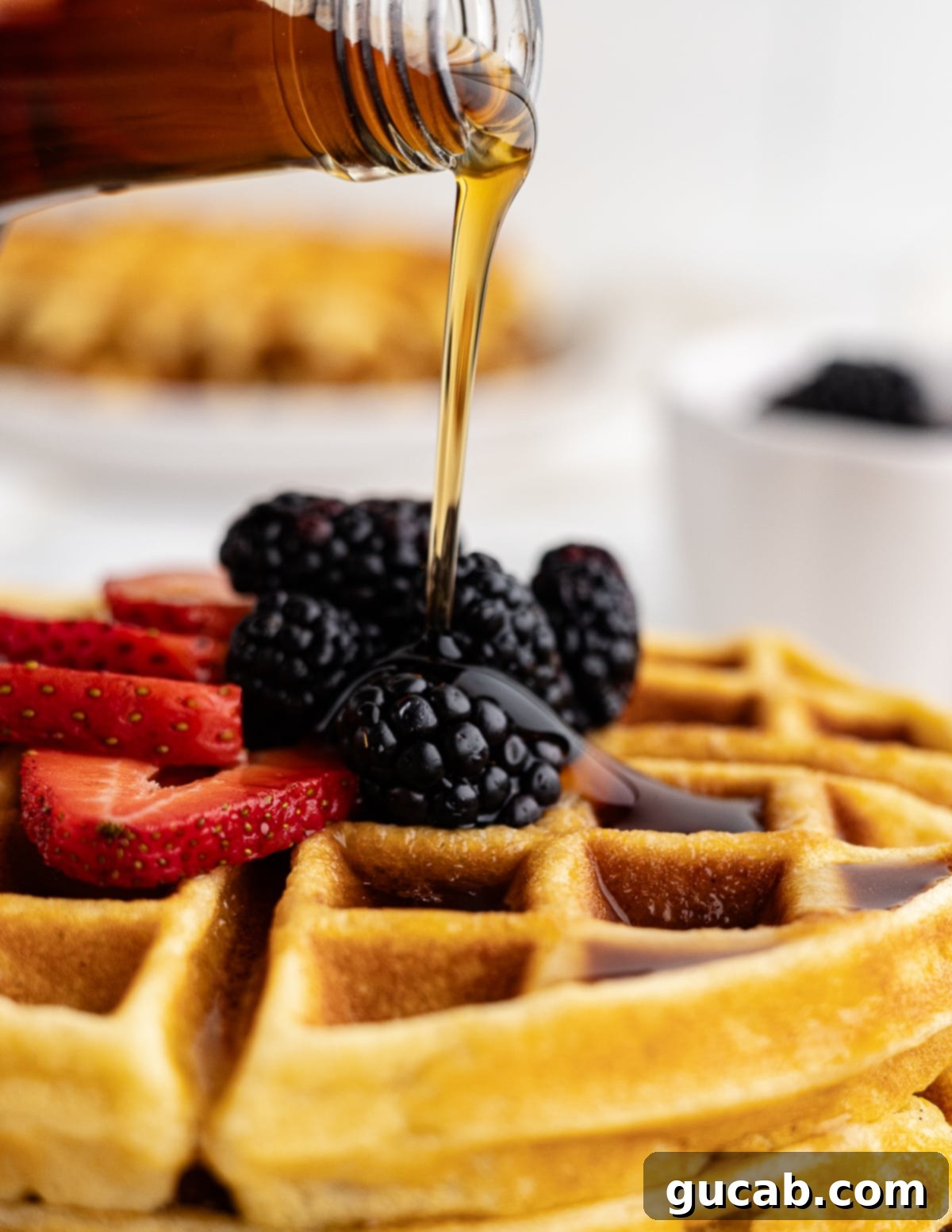 Close-up shot of rich maple syrup being poured over a stack of golden gluten-free waffles, adorned with fresh blackberries and strawberries, highlighting their delicious appeal.