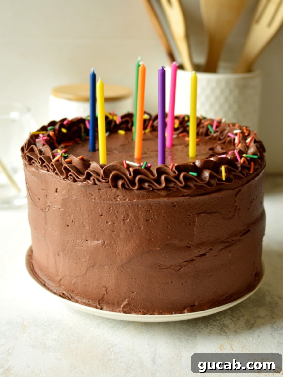 Golden Gluten and Dairy-Free Yellow Cake 2 a gluten-free dairy-free cake with chocolate buttercream and sprinkles