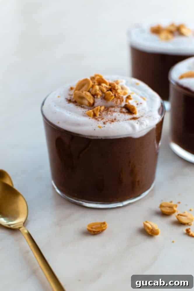 a glass of vegan chocolate peanut butter pudding, a rich and creamy gluten-free, dairy-free dessert