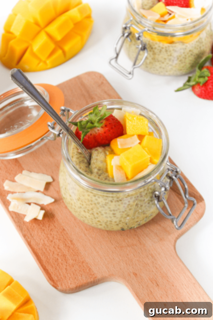 a jar of chia pudding with mango, a refreshing gluten-free, dairy-free, egg-free breakfast