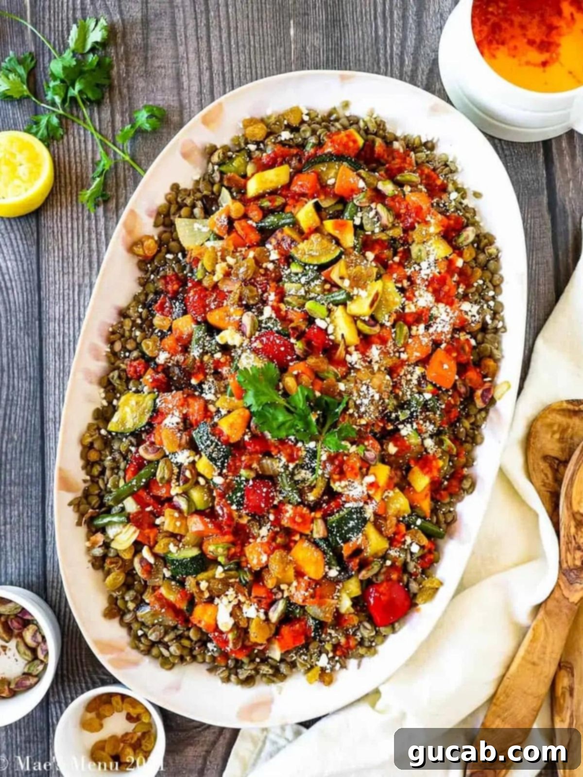 green lentils with roasted veggies and vegan feta, a flavorful Moroccan salad