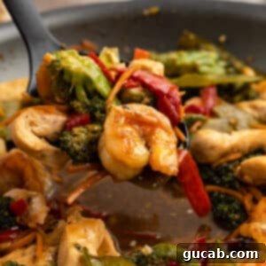 A spoonful of chicken and shrimp stir fry, showcasing the individual pieces of chicken, shrimp, and colorful vegetables coated in the rich sauce.