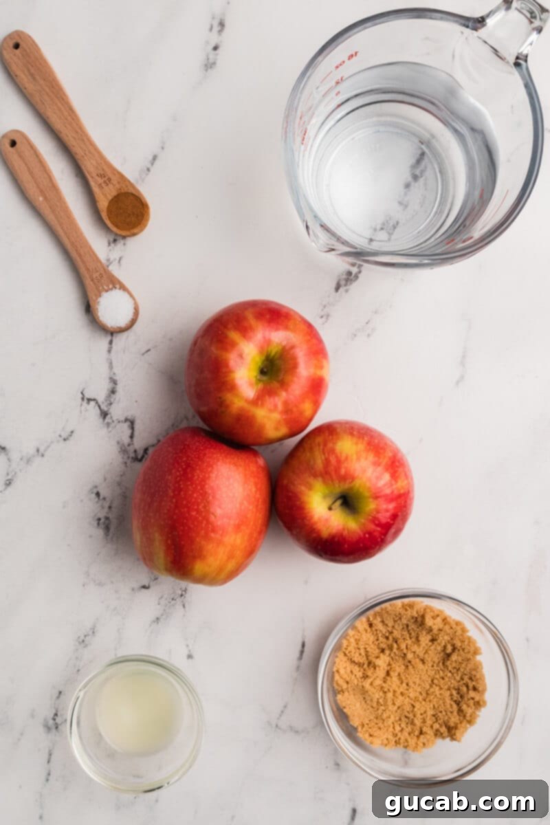 A flat lay photo showing the key ingredients for no-peel applesauce: fresh apples, brown sugar, water, lemon juice, cinnamon, and kosher salt.