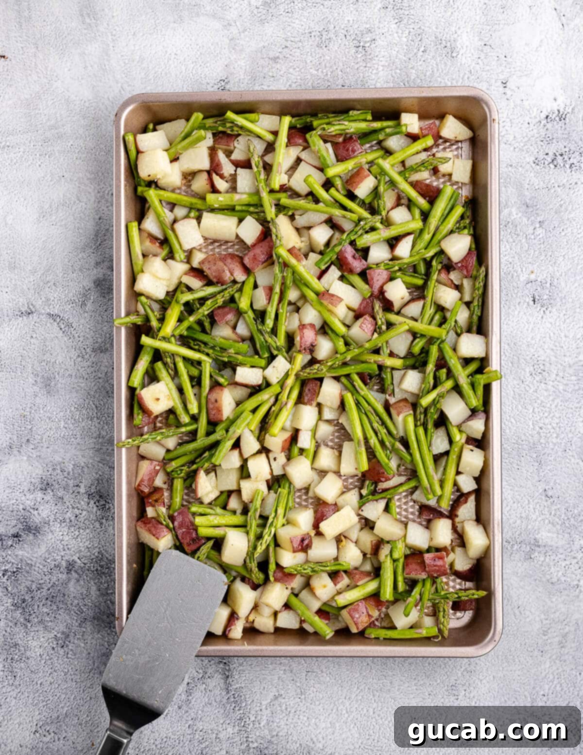 Evenly distributed roasted potatoes and asparagus pieces on a sheet pan after being tossed together, ready for the final roast.
