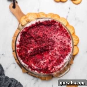 Cranberry jalapeno cream cheese dip with butter crackers arranged around it, ready to be served.