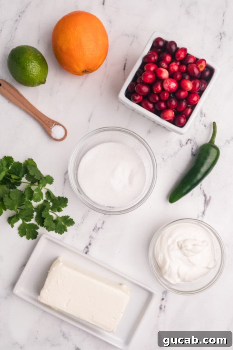 Close-up of fresh cranberries, a whole jalapeno, and citrus fruits (orange and lime) – the key ingredients for a vibrant cranberry jalapeno dip, laid out on a wooden surface.