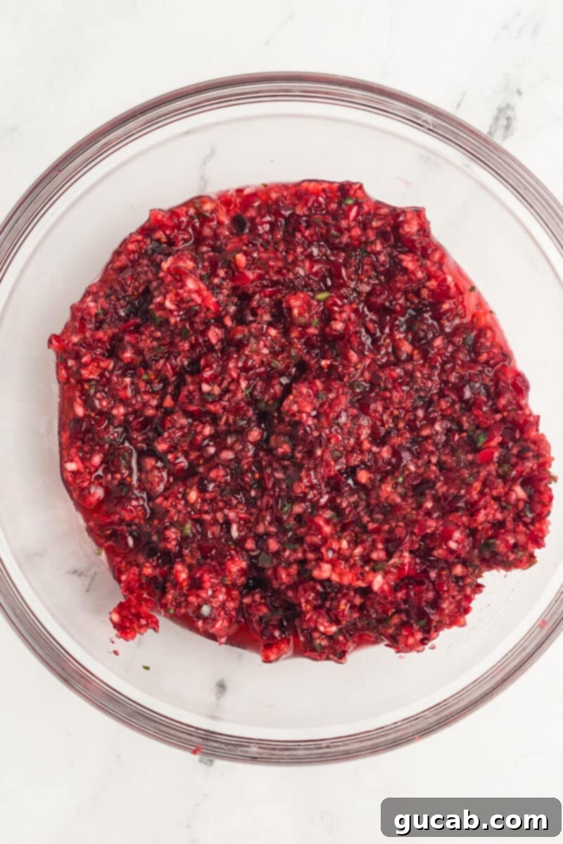 A bowl of vibrant cranberry chutney, covered with plastic wrap, chilling in the refrigerator to allow the flavors to meld and develop.
