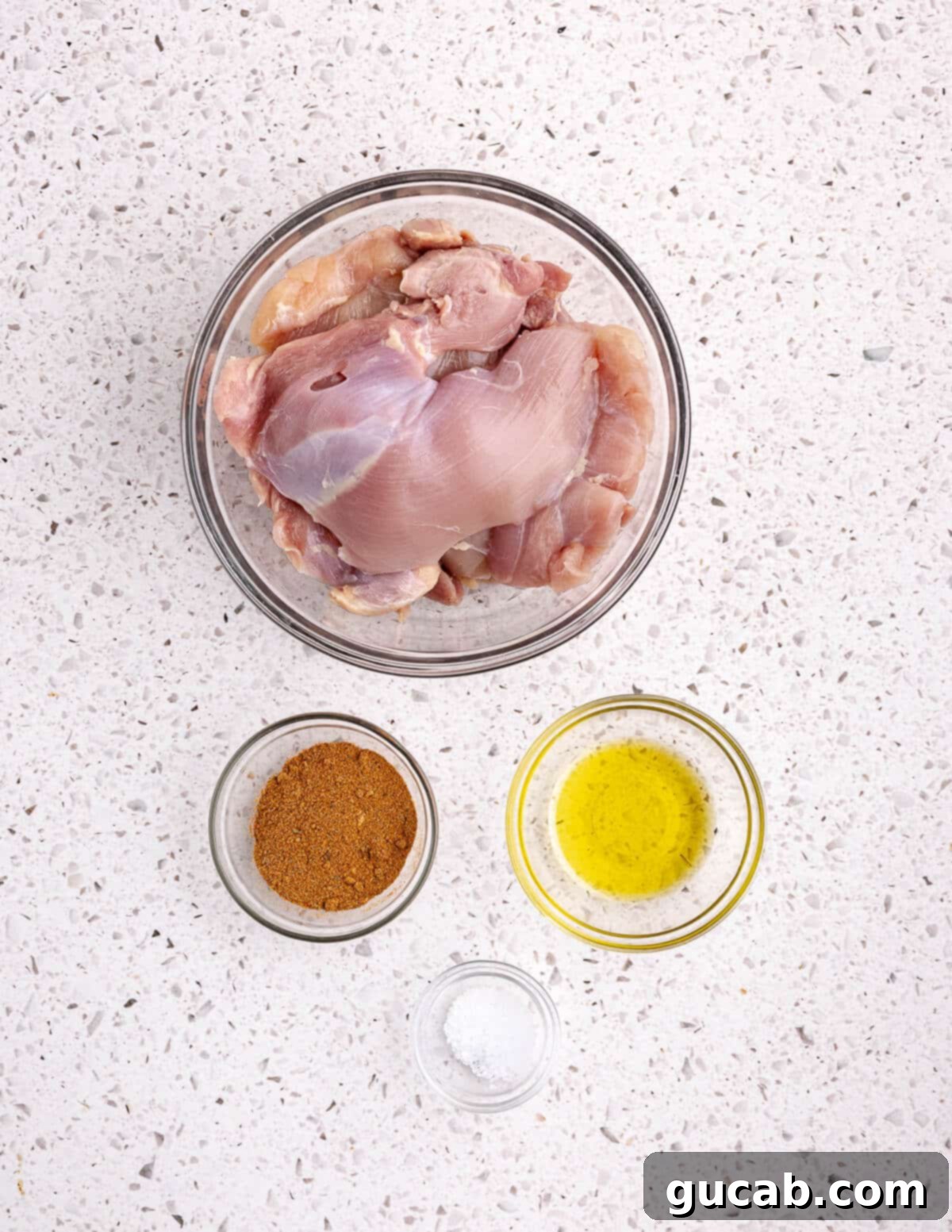 Perfectly Baked Boneless Skinless Chicken Thighs 3 boneless skinless chicken thighs, olive oil, taco seasoning, and kosher salt.