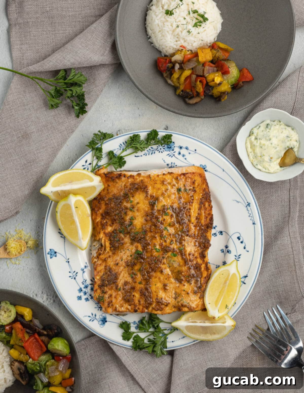 A perfectly plated dish featuring mustard-glazed salmon, ready to be served and enjoyed.