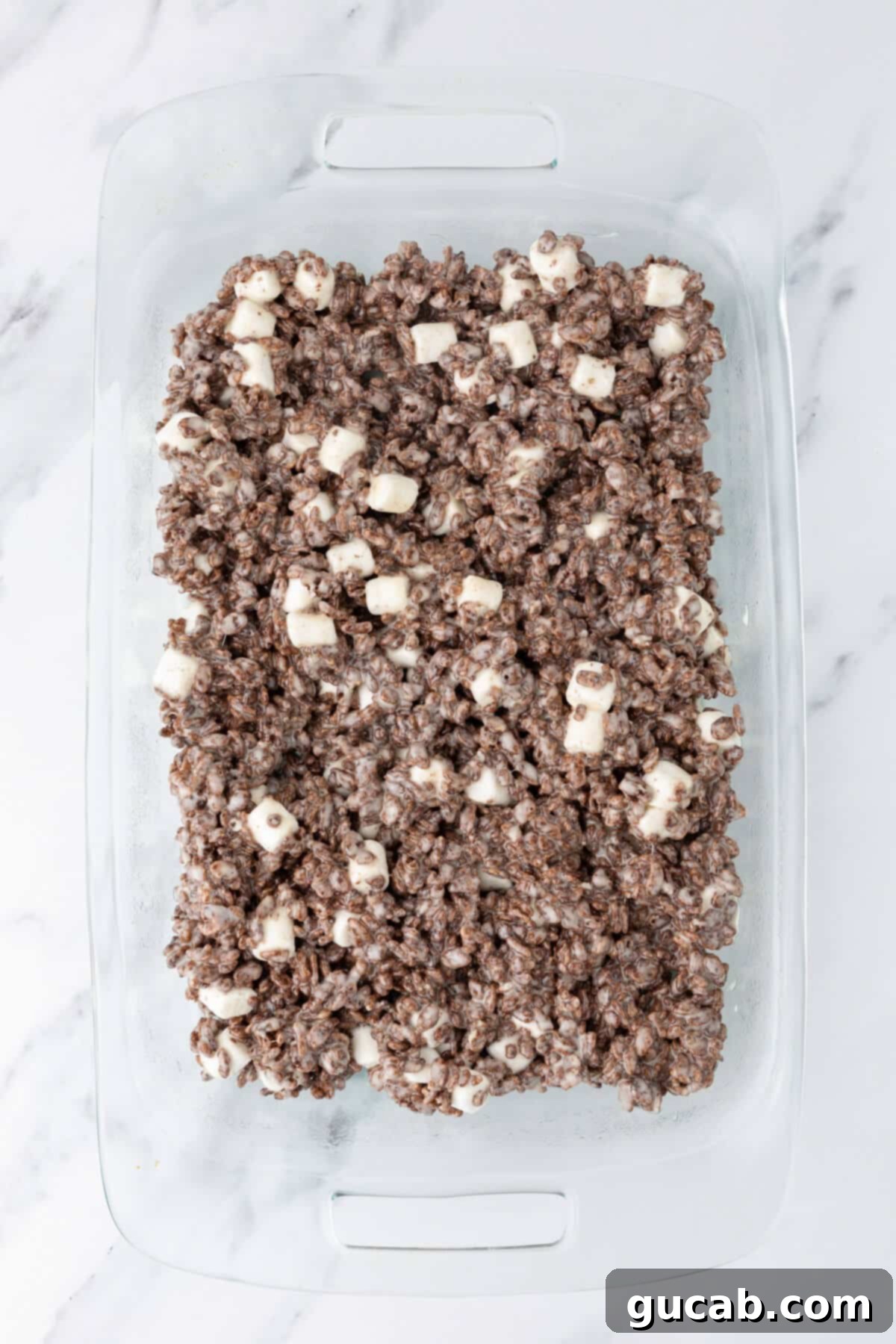 Cocoa Rice Krispie treats in a baking dish