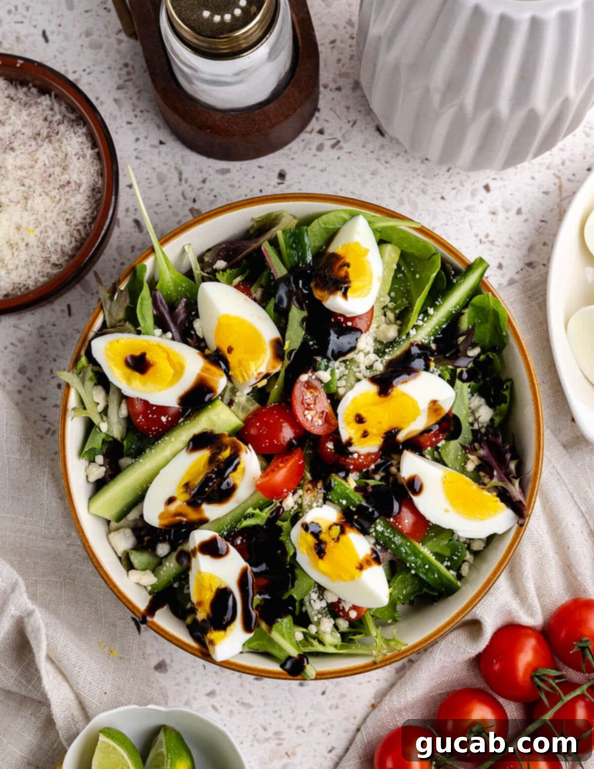 Fig Infusion: A Twist on Vinaigrette 8 Delicious green salad topped with tomatoes, boiled eggs, and fig vinaigrette
