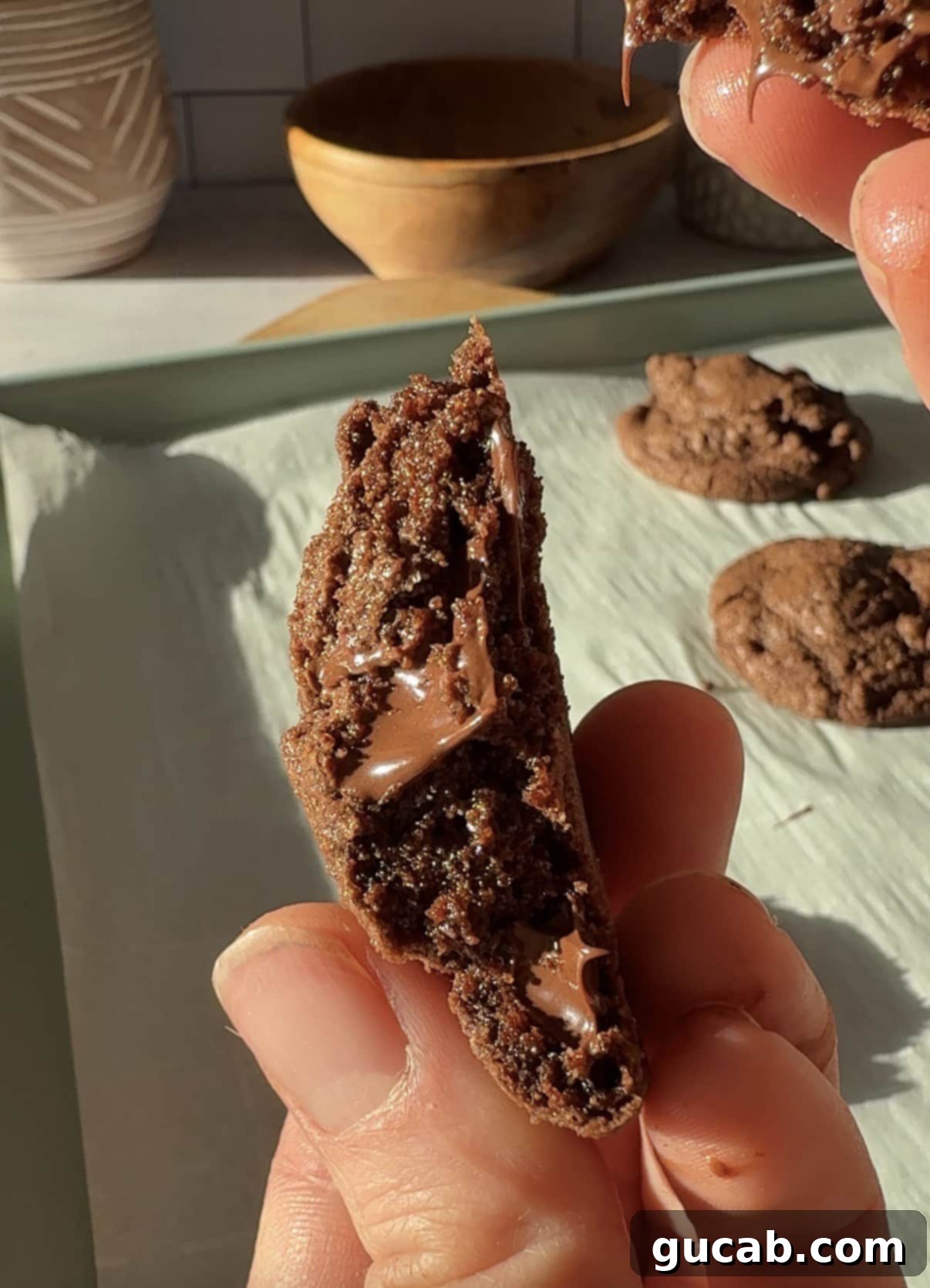 Oat Flour Double Chocolate Chunk Cookies 9 A hand holding up half a chocolate cookie with melted chocolate oozing out, illustrating the perfect gooey texture of the cookie.