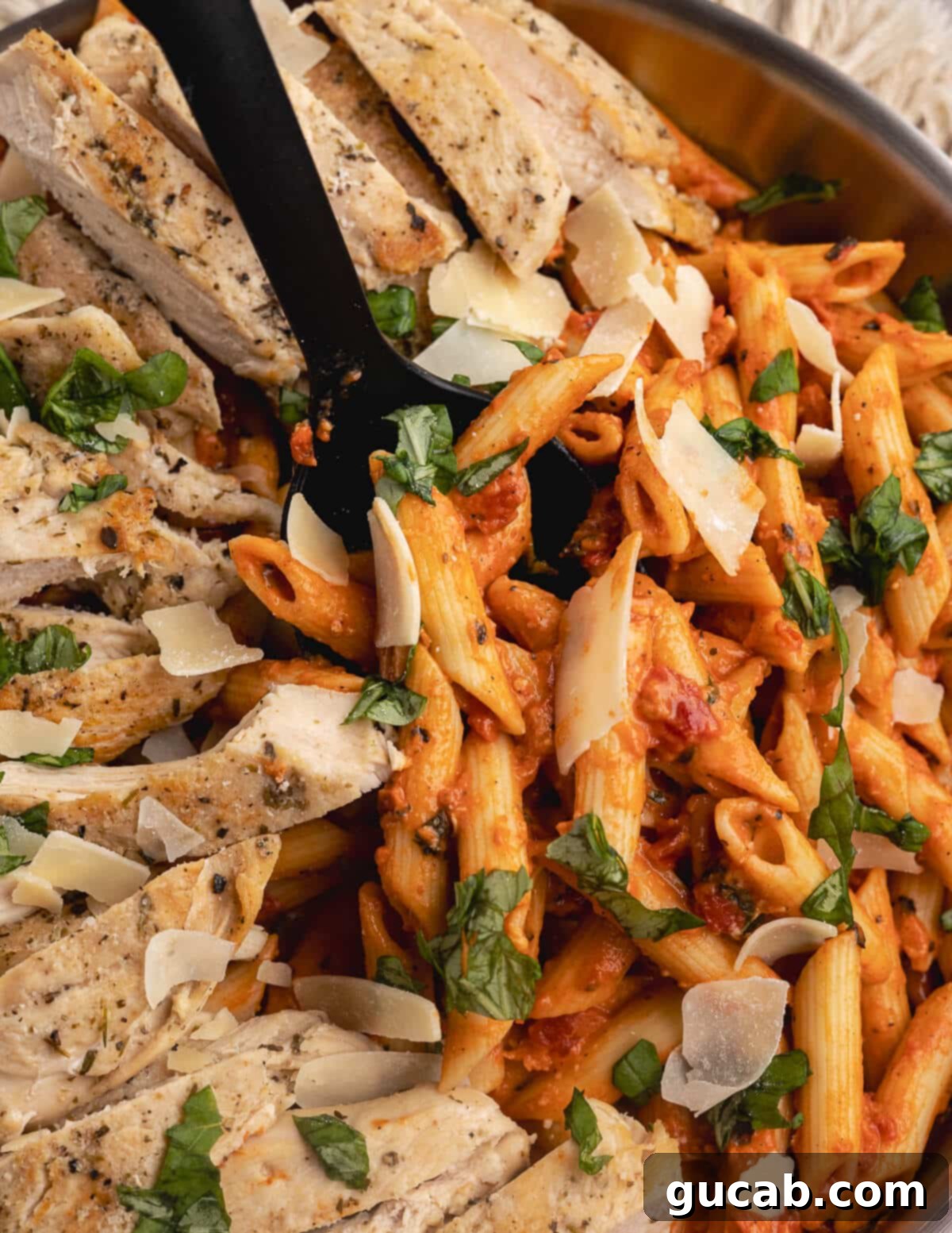 A stunning plate of chicken vodka pasta with sliced chicken and shaved parmesan.