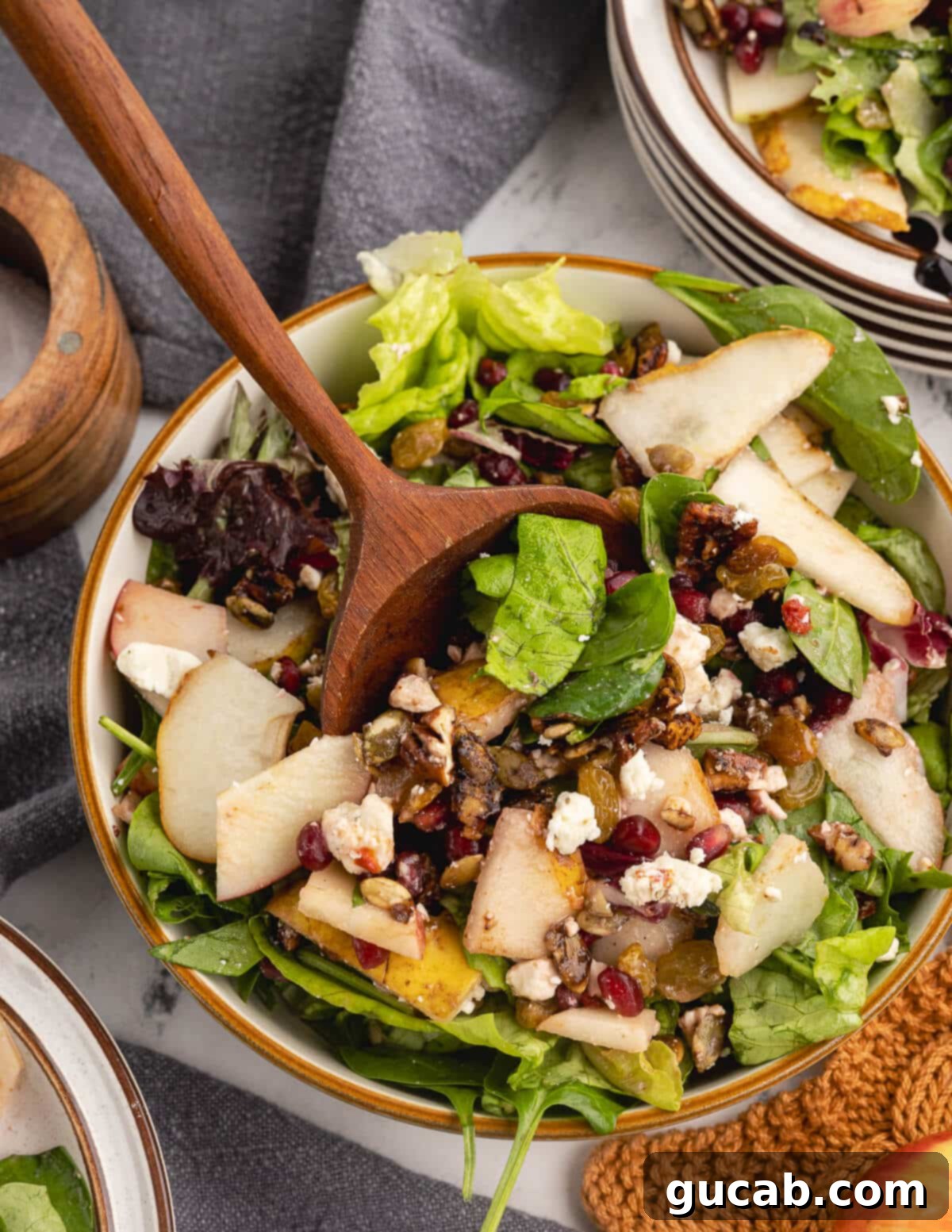 Pomegranate Pear Salad with Candied Pumpkin Seeds 12 A beautifully arranged pomegranate salad with a wooden spoon, showcasing pears, feta, pomegranate seeds, and candied pepitas.