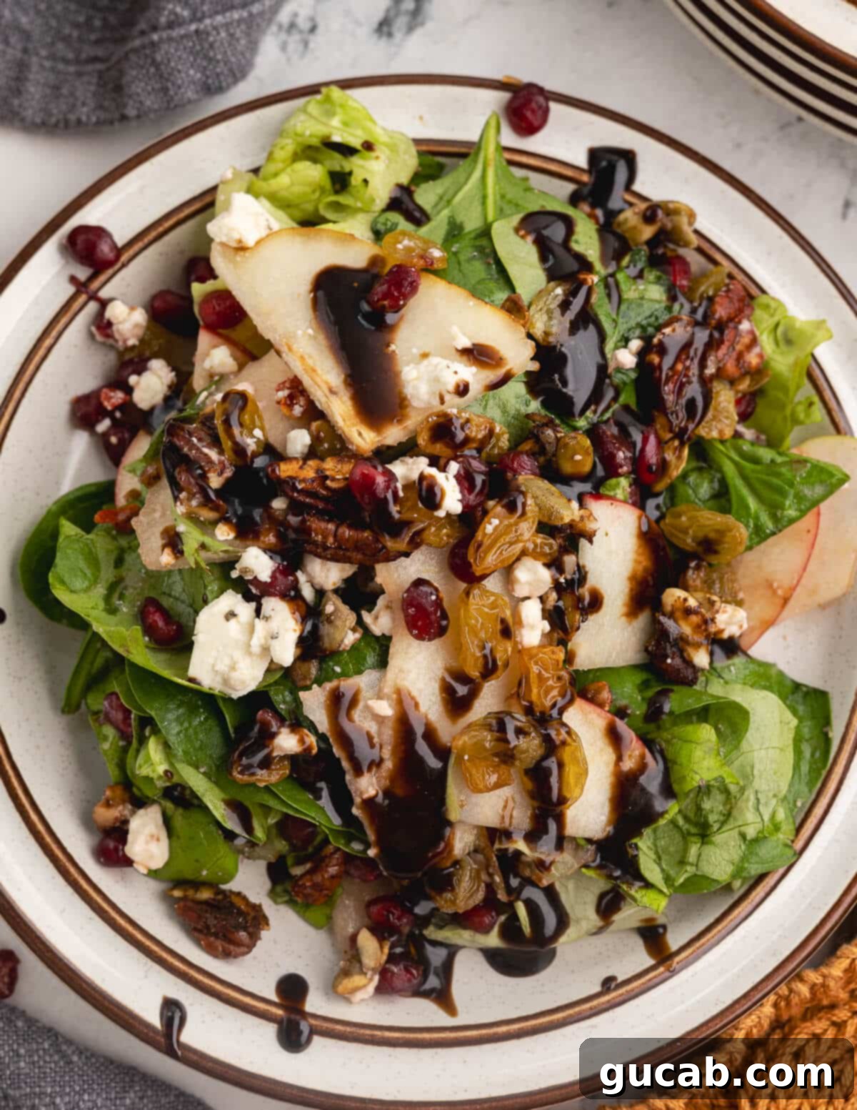 Pomegranate Pear Salad with Candied Pumpkin Seeds 13 Close-up shot of the salad featuring pomegranate arils, feta cheese, sliced apples, and candied pepitas.