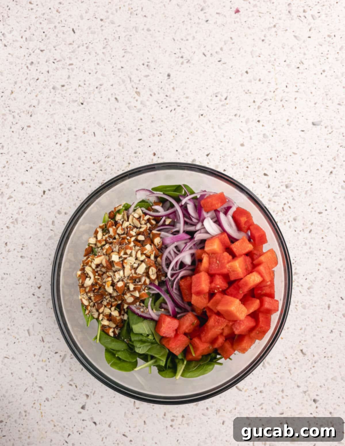 A close-up of the salad, highlighting the vibrant colors of the watermelon, red onions, and roasted almonds.
