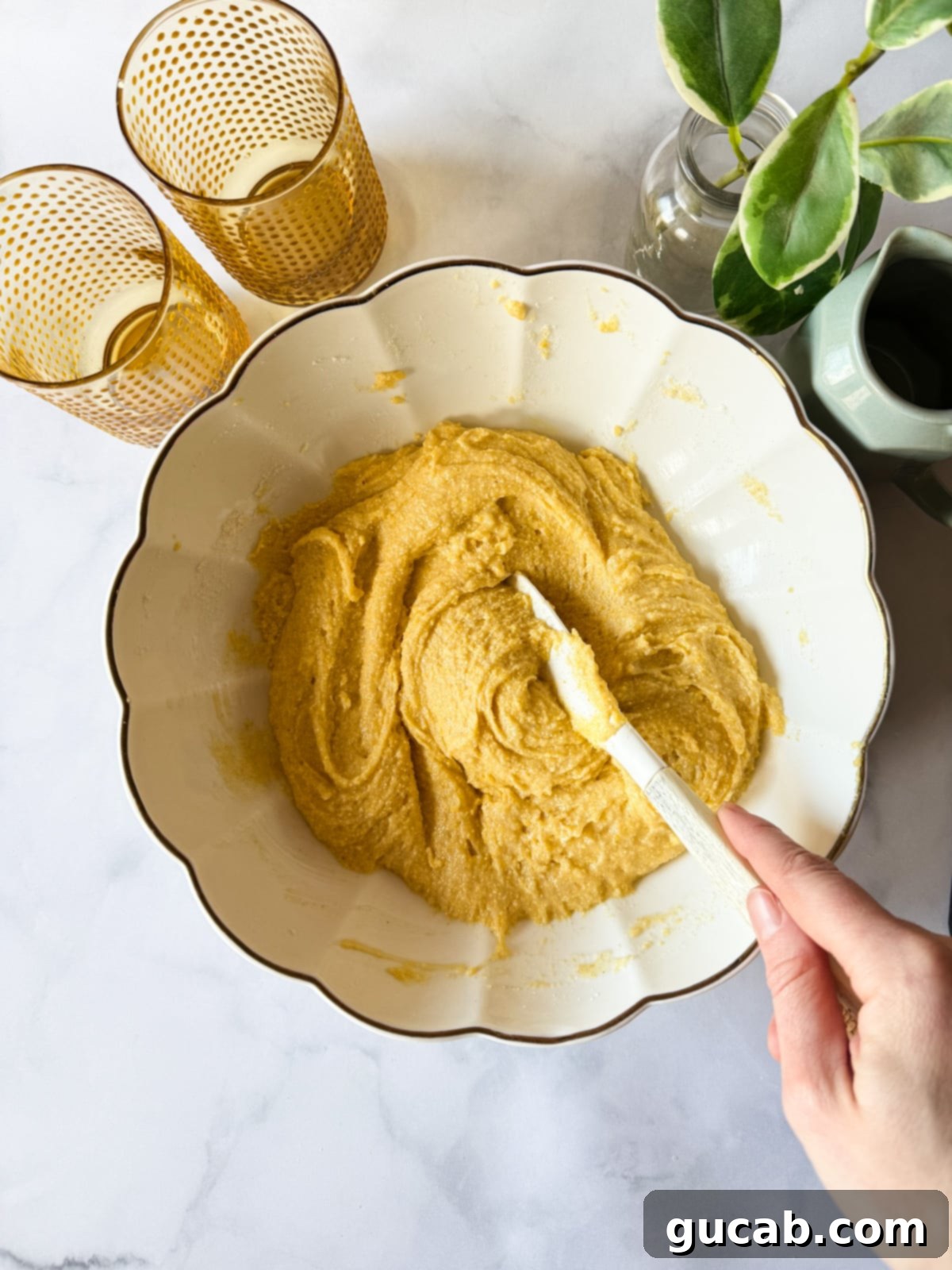 Gluten-free cornbread batter after being mixed.