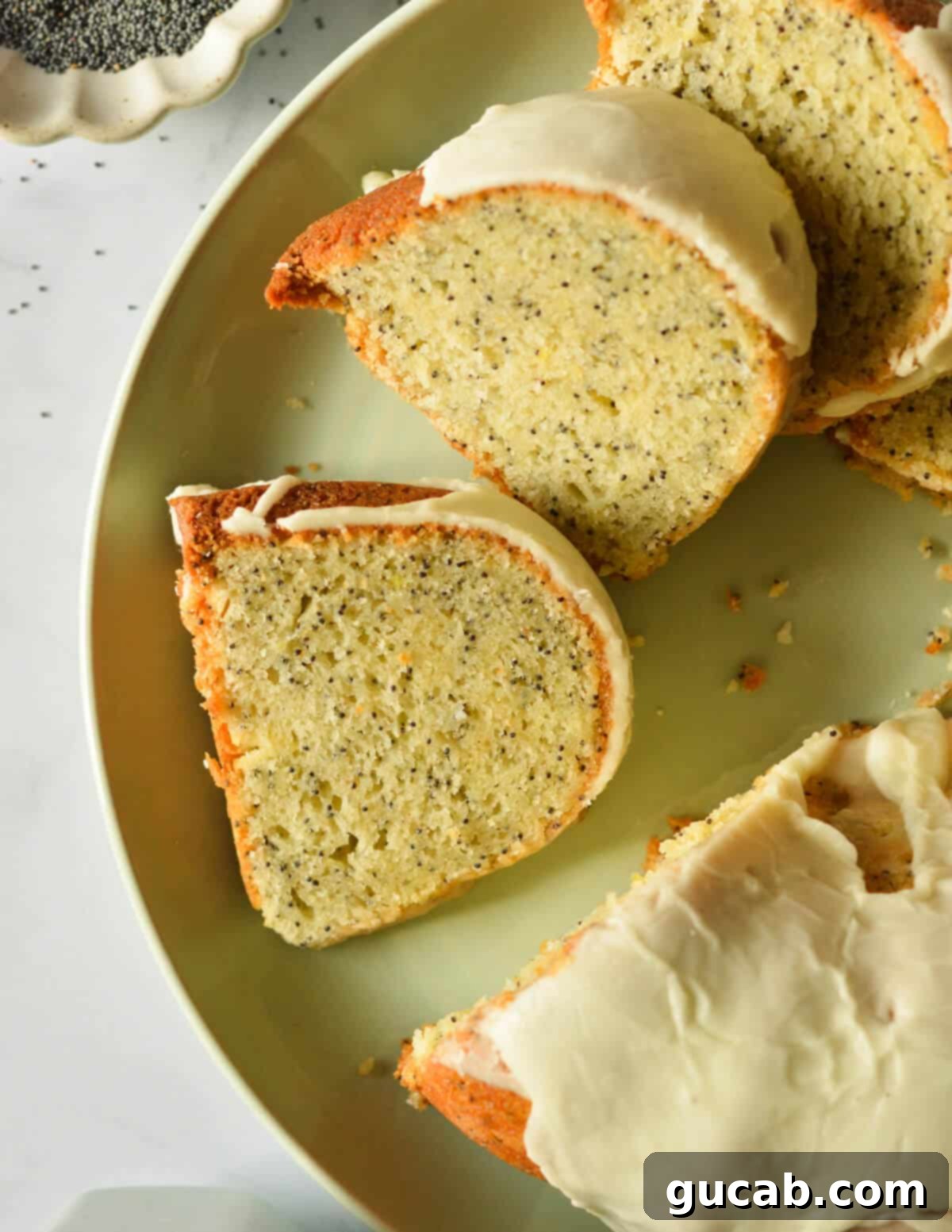 Lemon Poppyseed Bliss: A Gluten-Free Delight 3 Slices of lemon poppyseed cake on a plate, highlighting the texture and poppyseed distribution.