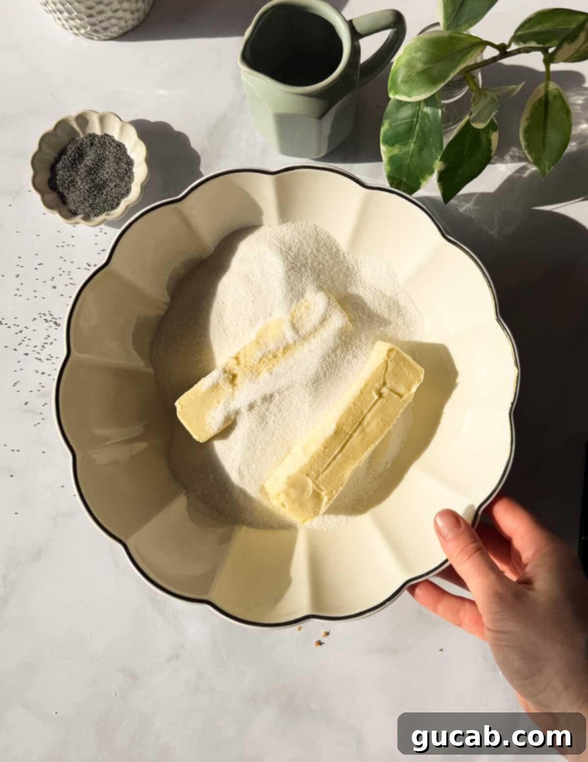 Lemon Poppyseed Bliss: A Gluten-Free Delight 4 A bowl with softened butter and granulated sugar in it, ready to be creamed together.