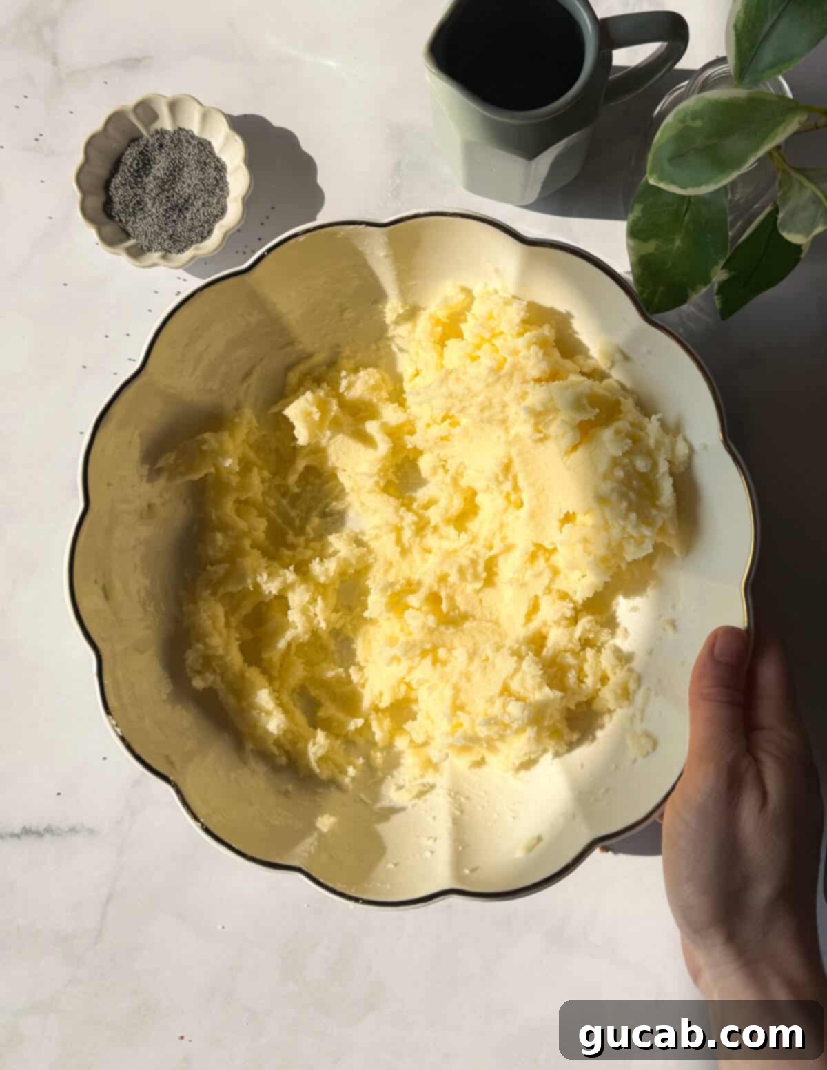 Lemon Poppyseed Bliss: A Gluten-Free Delight 5 A bowl with creamed butter and sugar, showing a light and fluffy texture.